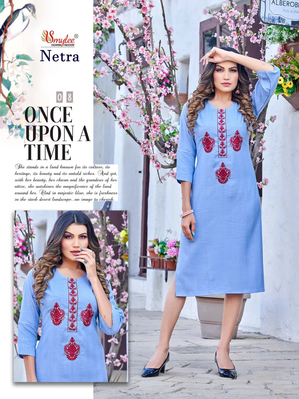Rung Netra 01-08 Wholesale Embroidery Kurtis Catalog